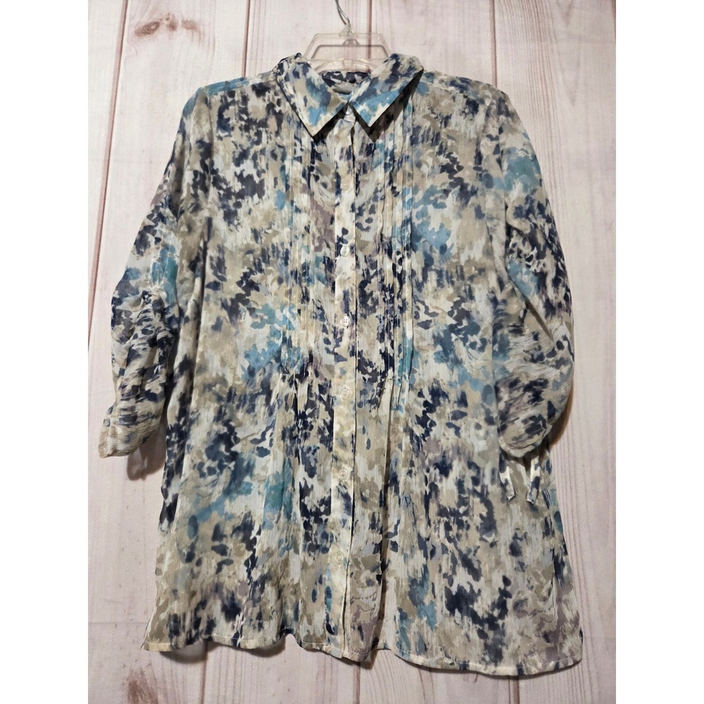 CJ Bank Womens Blue Abstract Sheer Pintuck Chiffon Button Up Roll Sleeve Top XL